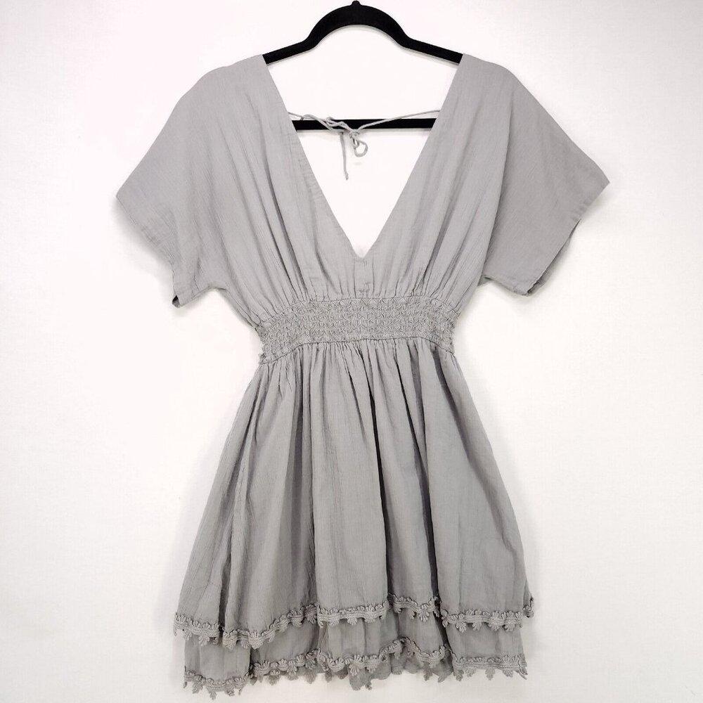 L*Space Dawn Dress Babydoll Mini Crochet Trim Size Medium Low VNeck Boho Sage